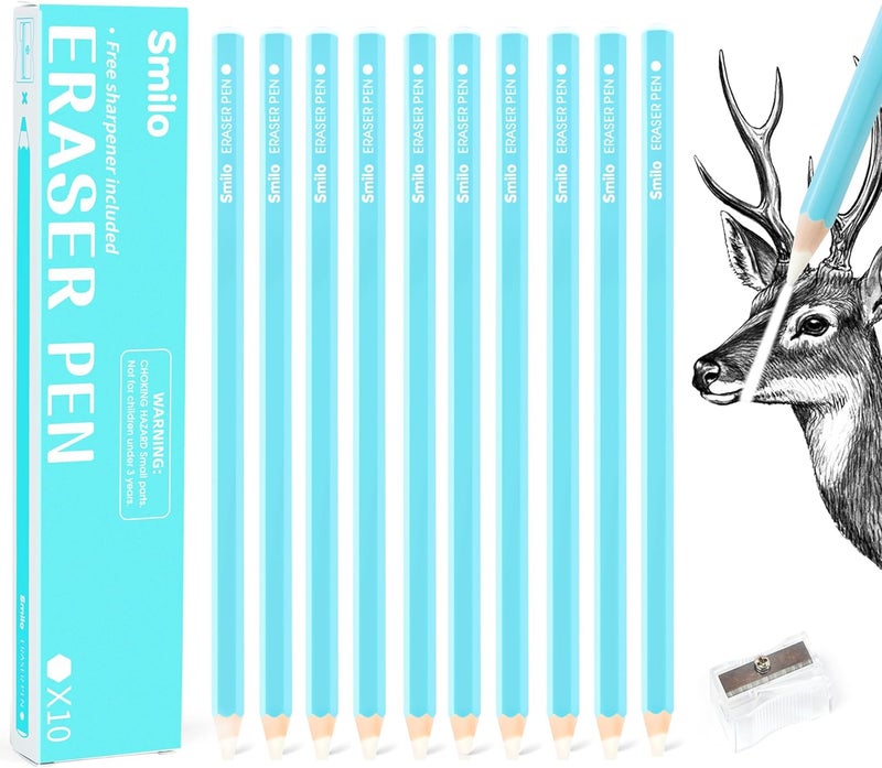 Smilo Eraser Pencils, 10-Pack Blue Artist Pencils with Sharpener, Fine Detail Eraser for Sketching, Charcoal & Colored Pencil Drawings, Perfect for Artists, Beginners and Students - Image 1